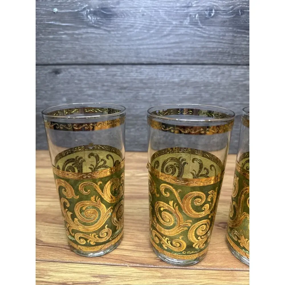 MCM Vintage Culver Toledo Green/22k Gold Highball Tumbler Glasses~4 Pc Set